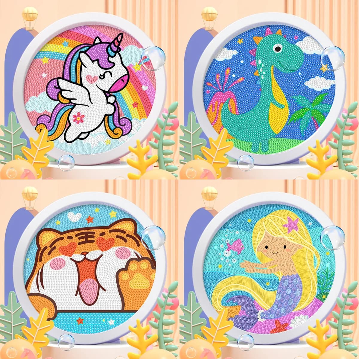 Round Frame Cartoon Diamond Painting Children's Handmade DIY Unicorn Mermaid Diamond Sticker Handicraft Gift