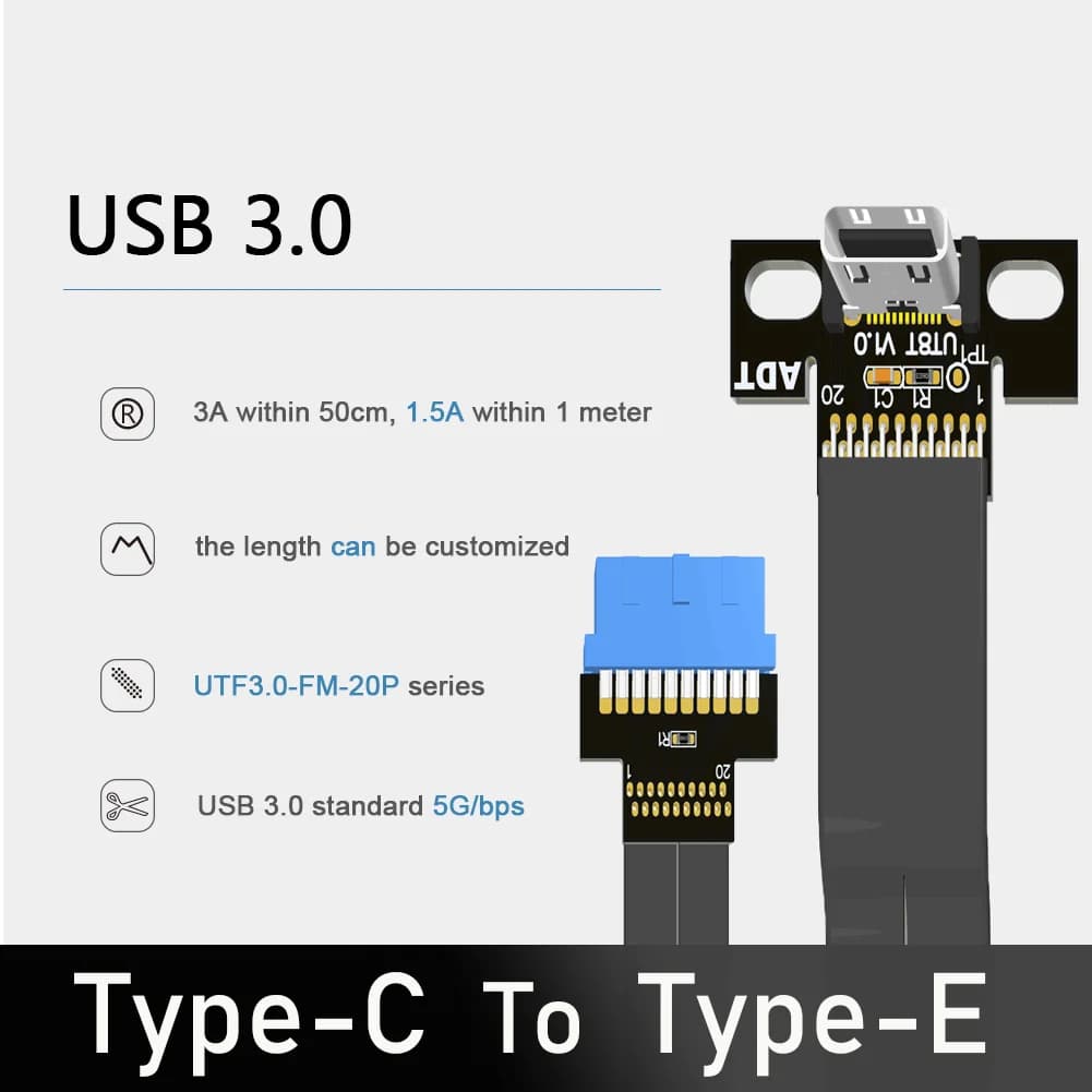 F1A-T8T USB 3.0 Type C Female Socket To Internal 19Pin Type-E Male Flat Extension Cable For ITX/ATX motherboard A4 Case