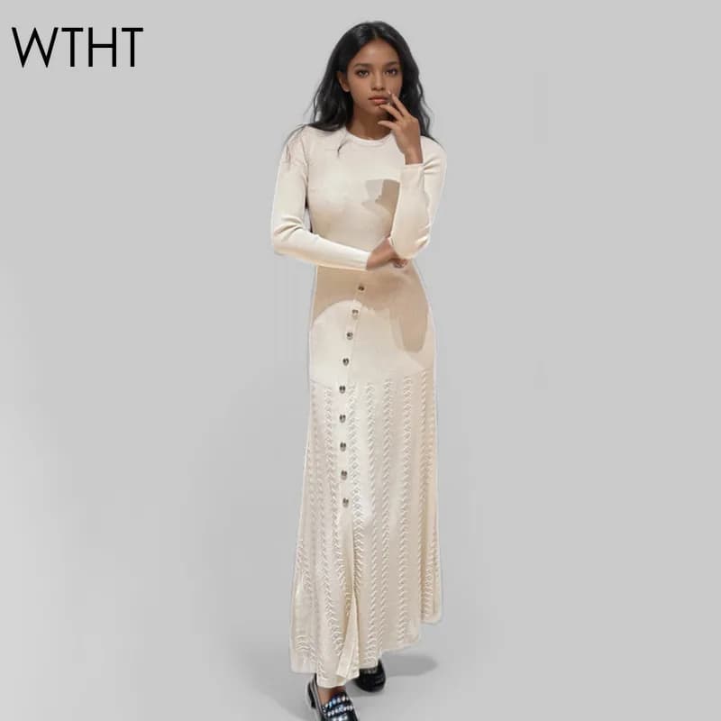 WTHT Women's Fashion Long Sleeve O-neck Knit Elastic Dress Single Breast Slim Solid Color Elegant Dresses 2024 Autumn 1LS143