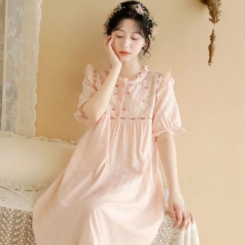 New Princess Summer Pure Lust Print Short Sleeves Sleepshirts Women's Thin Pure cotton Long Nightdress Loungewear Skirt