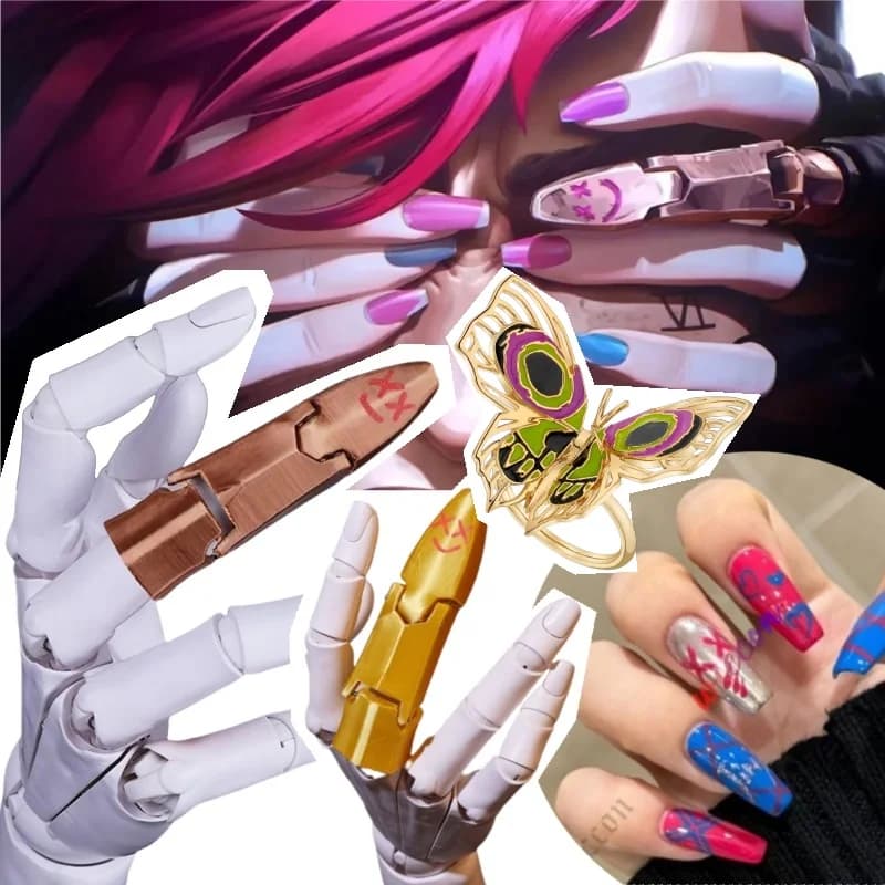 Arcane Jinx Cosplay Finger Covers Game LOL Roleplay Nail Set Costume Props Adult Outfits Halloween Carnival Costume Accessories