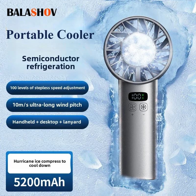 Ice compress high-speed cooling fan handheld fans USB Rechargeable portable mini fan LED Digital Display, Travel,Camping,Outdoor
