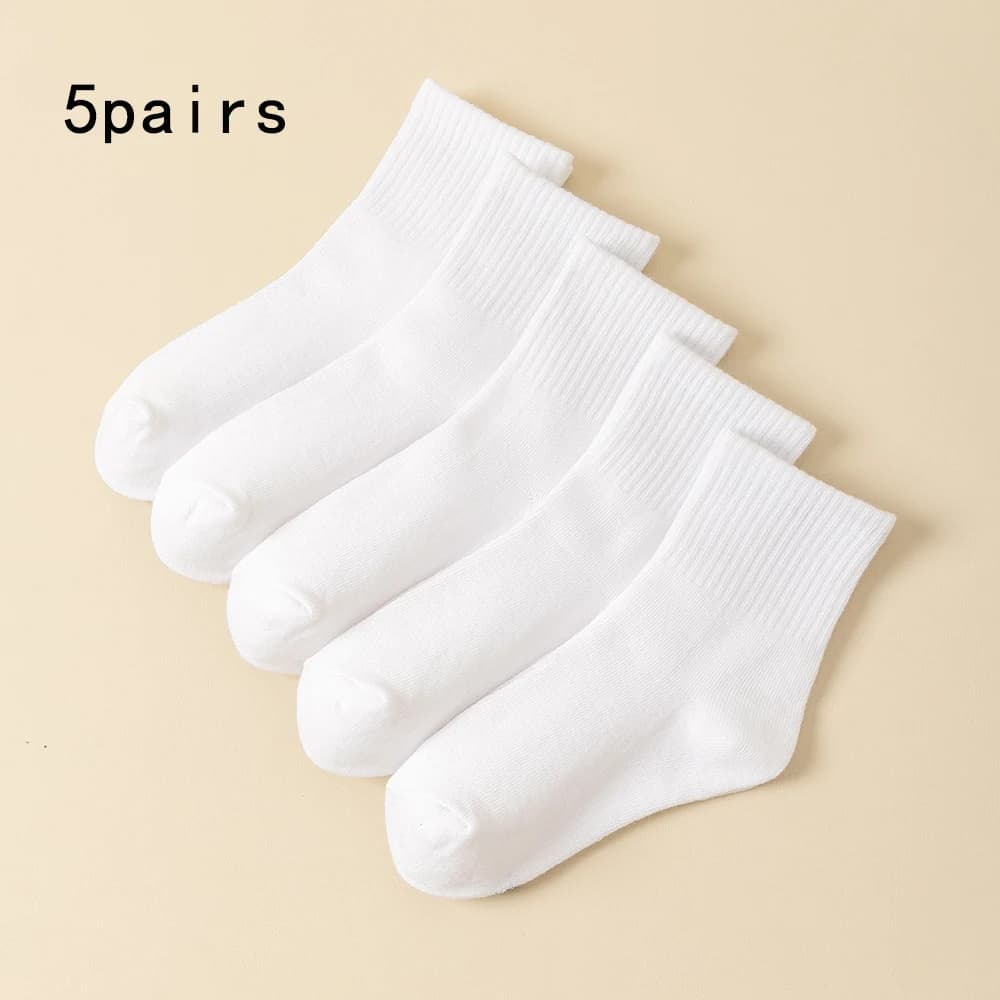 Kids Socks 5pairs Solid Color in White Ankle Socks for Children 3-16Y
