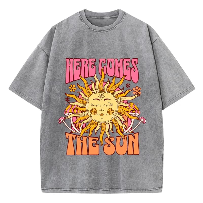 Oversize Women's Washed T-Shirt Cotton Here Comes The Sun Prints T Shirts Casual O-Neck Short Sleeve Tops Loose Women's Clothes