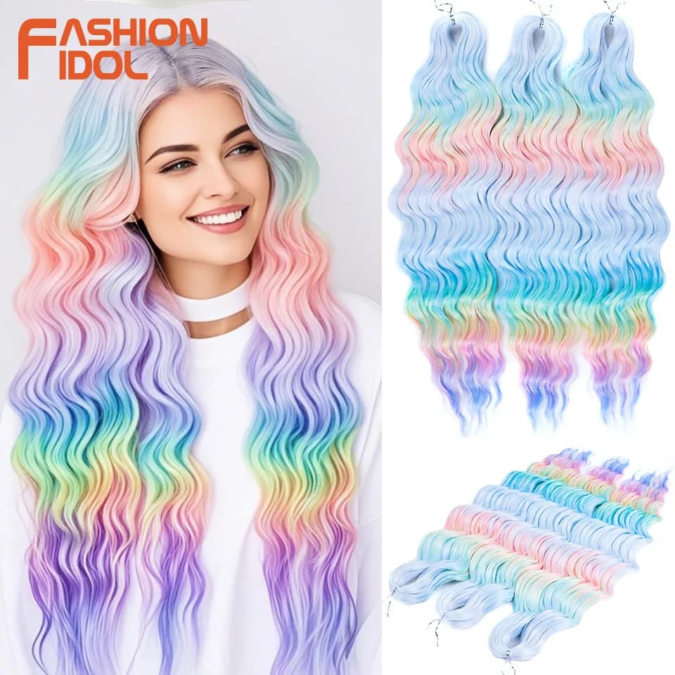 FASHION IDOL 24Inch Water Wave Crochet Hair Synthetic Curl Hair Ombre Rainbow color Fake Hair Deep Wave Braiding Hair Extensions