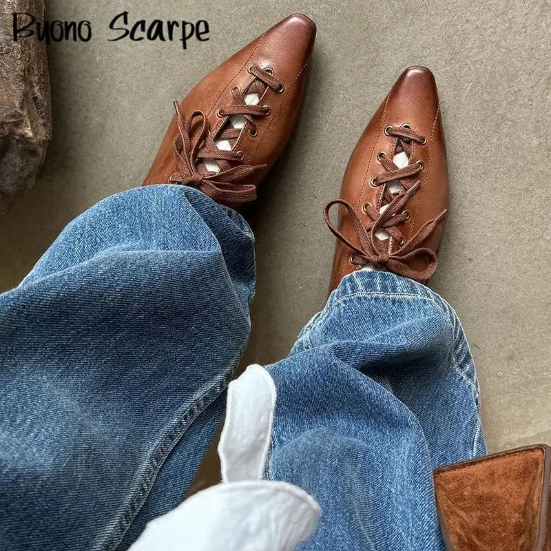 Genuine Leather Pointed Toe Cross Tie Women Pumps Solid Color Low Heels Lace Up Shallow New Fashion Western Casual Classic Shoes