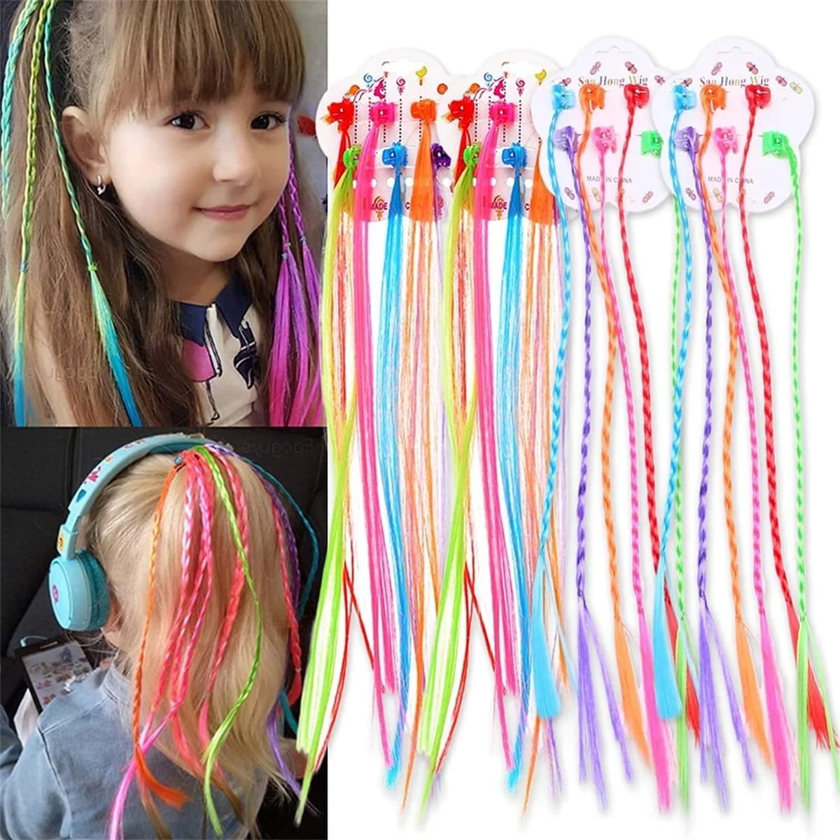 6Pcs/Set Colorful Braids Hair Extensions with Hair Clips Girls Rainbow Braided Ponytail Hairpieces Hair Accessories for Kids