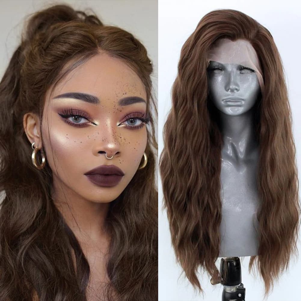 AIMEYA Long Wavy Synthetic Lace Front Wig Synthetic Brown Hair Wig Lace Wigs for Women Natural Hairline Cosplay Frontal Wigs