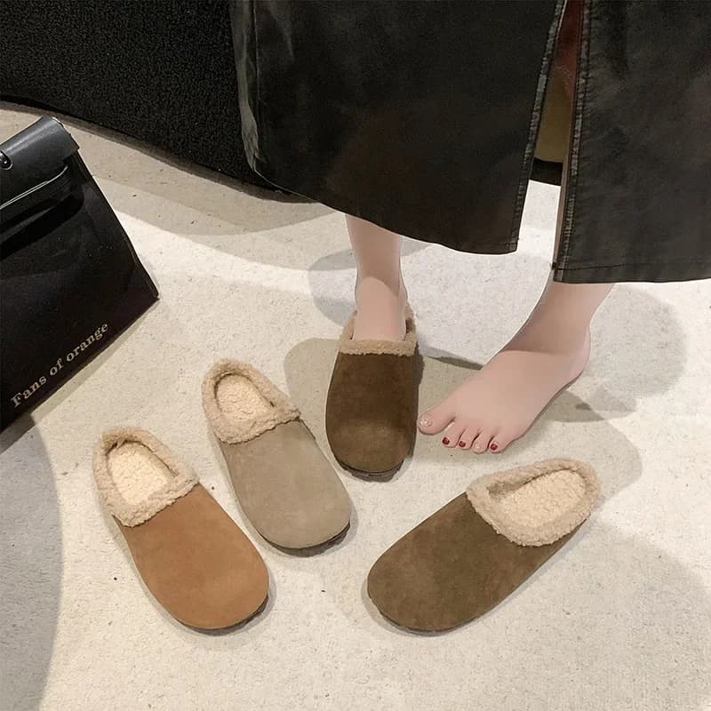 Flat Bottom Retro Baotou Half Slippers Women's Shoes Outside Home Auutmn Winter Velvet Fur Shoe Casual Solid Cotton Mules Slides