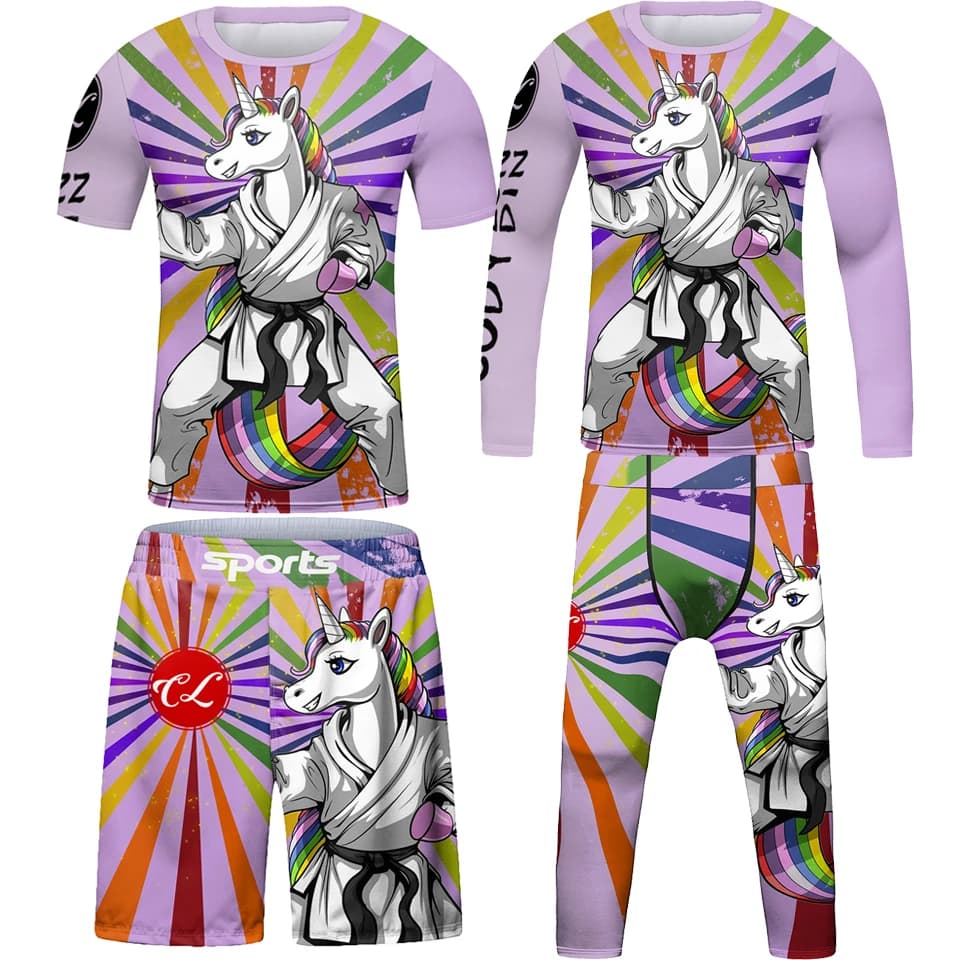 Kid's Jiu Jitsu MMA T-shirt +Pants Set Grappling Rashguard For Kid Bjj Boxing Jerseys Gi Rash Guard MMA Shorts Boxeo Sportsuits