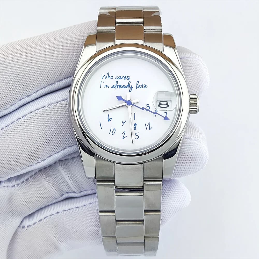 NH35 watch who cares im already late watch blue text dial 10bar waterproof sapphire glass 904L stainless steel watch men's watch