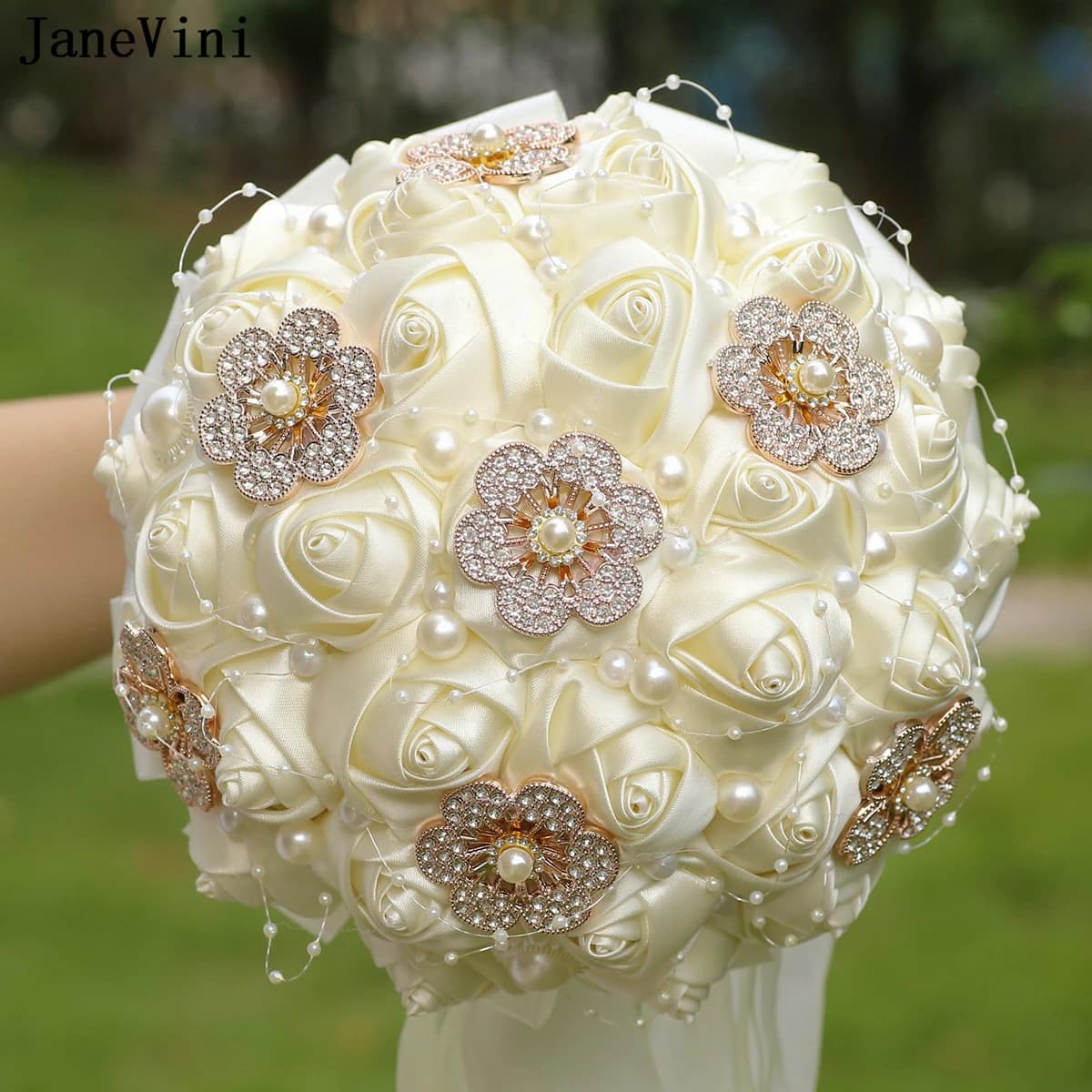 JaneVini Charming Ivory Bridal Bouquets Crystals Artificial Satin Roses Bridesmaids Holding Flowers Bouquet Wedding Accessories