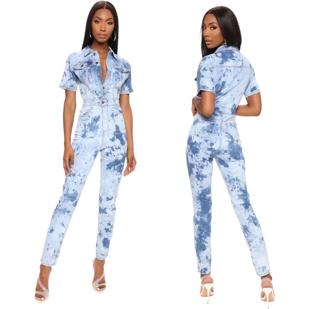 Single-Breasted Half-Open Top Jumpsuit for Women - Lapel Short Sleeve with Pocket, High Waist Denim Rompers, Female Jeans