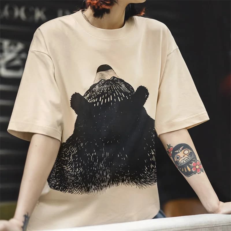 Maden Oversized Bear Print Short Sleeve T-Shirt Women's Summer Apricot Loose Fit Ribbed Crew Neck Tee Cute Casual Street Tops