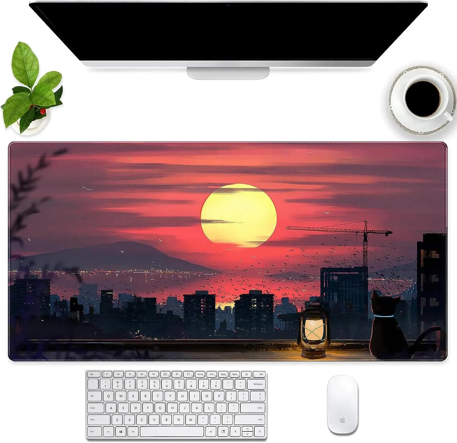 Anime City Sunset Desk Pad Large Gaming Mouse Pad with Stitched Edges Non-Slip Mouse Pad for Laptop Office Work 31.5 x 11.8 in