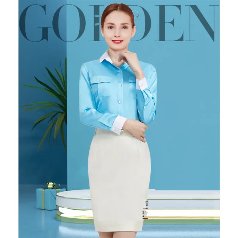 South Korean Flight Attendant Interview Etiquette Suit Glossy Full Sleeved Shirt Skirt Blue Apron Aviation Uniforms- Blue, White