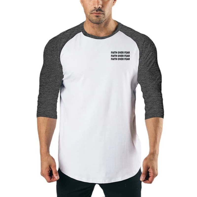 Mens Color Contrast Three Quarter Sleeve T-Shirts Gym Bodybuilding Fitness Muscle Tops Autumn Breathbale Cotton Slim Fit Shirts