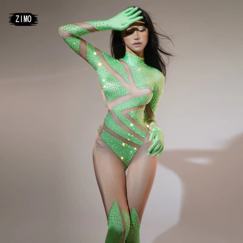 Sexy personal print rhinestones jumpsuit with gloves women birthday party club stage show leotard pole dance drag queen costumes