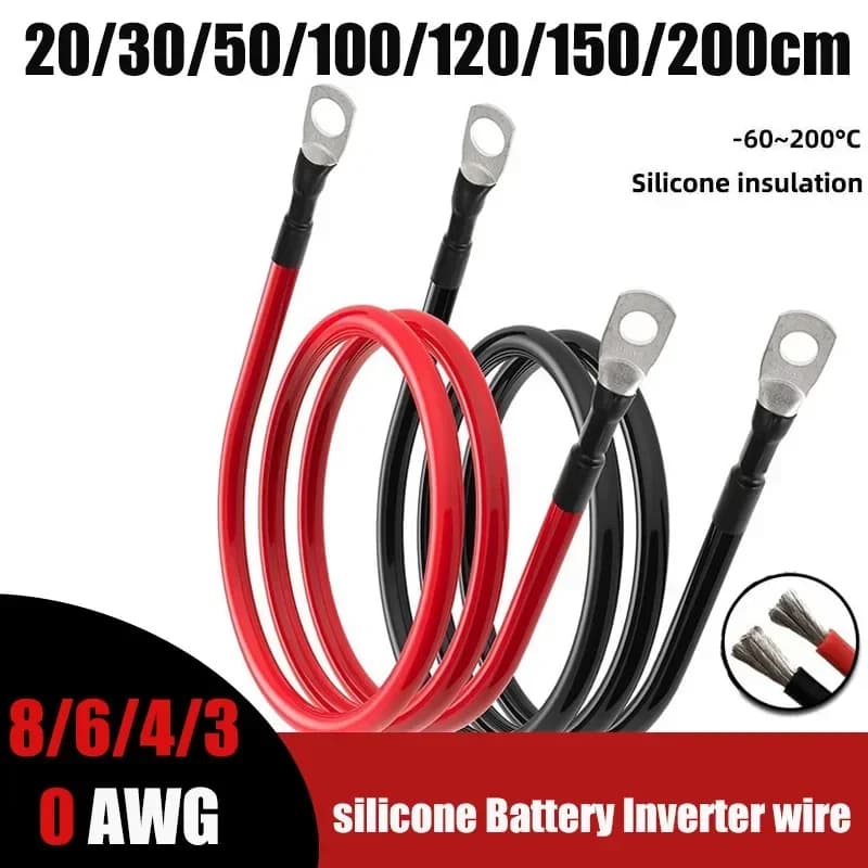 Soft Car Battery Silicone Cable with M6 M8 M10 Lug Red Black 8 6 4 3 0 AWG Electrical Wire for Auto RV Solar Panel Inverter UPS