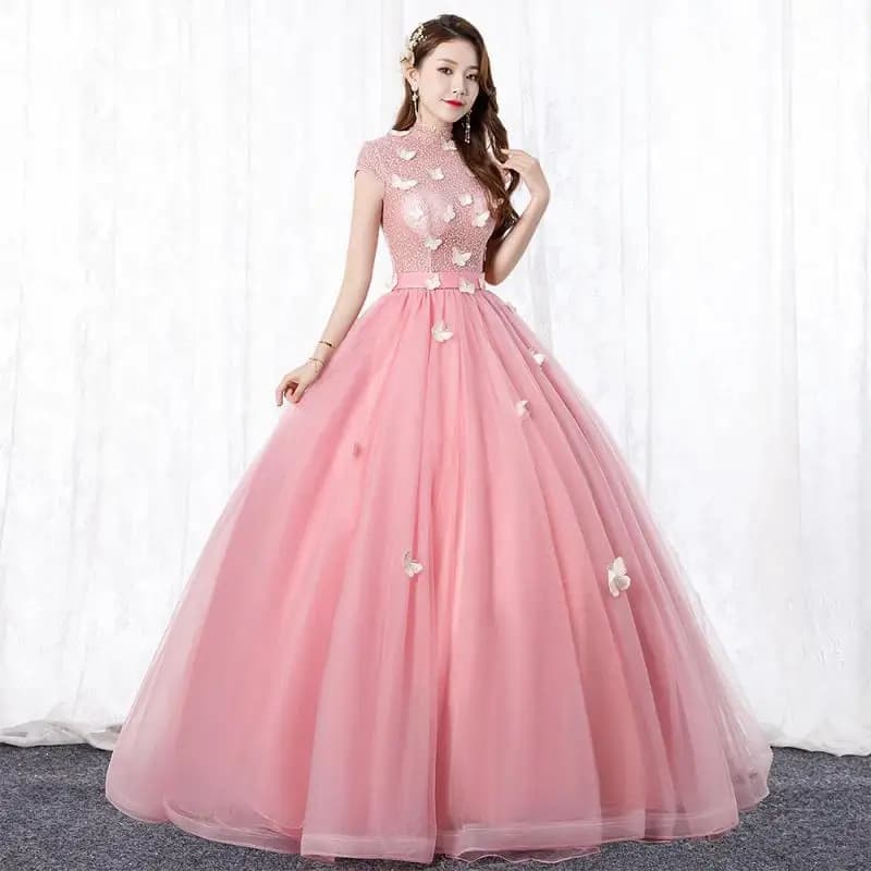 High Neck Butterfly Quinceanera Dresses Lace Illusion Tulle Ball Gown Appliques Floor-length Vestido De Debutante Customized