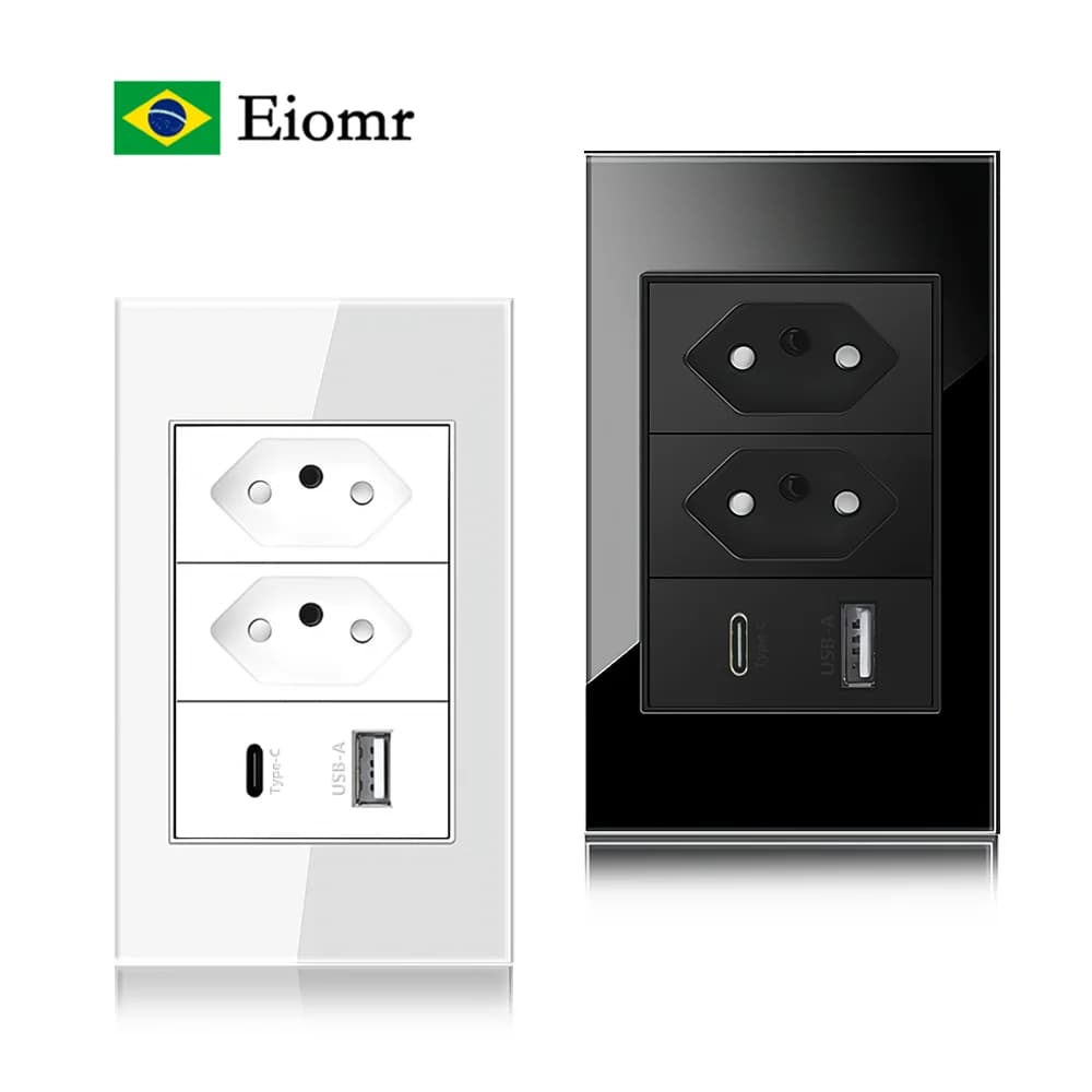 Eiomr 10A/20A Brazil Socket with USB Type-C 5V 2100mA, 118mm*75mm Tempered Glass Panel 2 Gangs 3 Pins Hole Power Wall Outlet