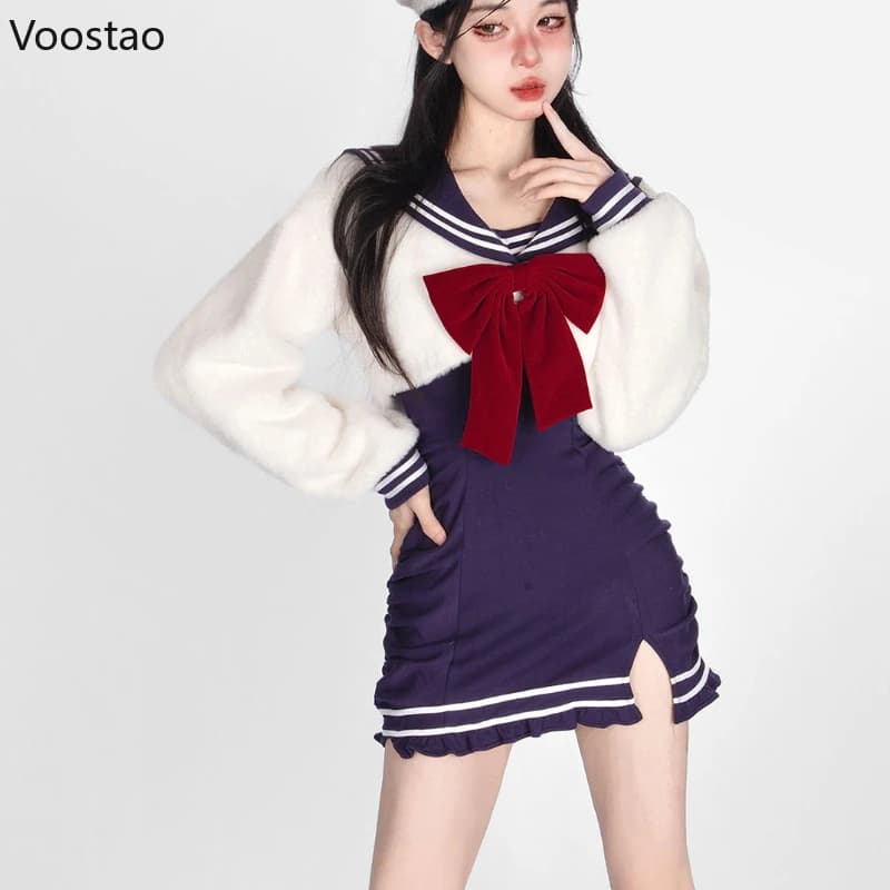 Japanese Sweet Lolita Dress Sets Women Kawaii Preppy Style Bow Sailor Collar Blouse Party Mini Dresses Autumn Winter Jk Uniform