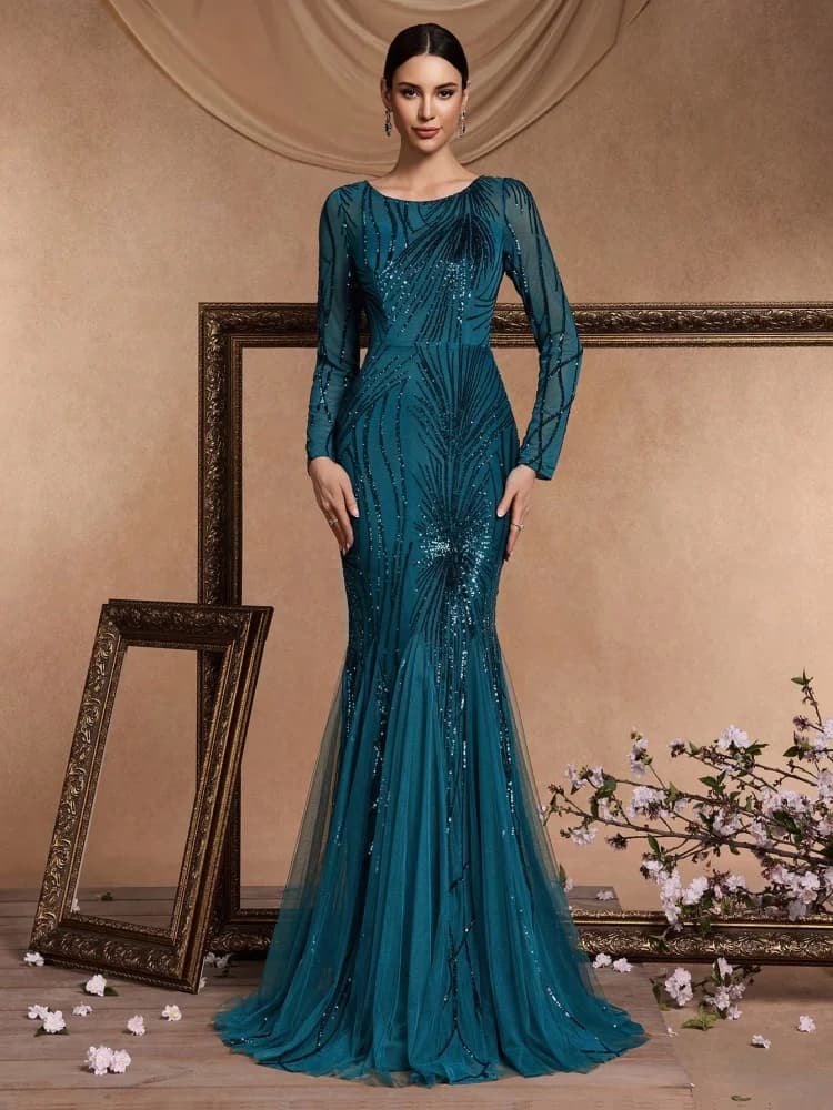 Elegant Long Sleeves Blue Sequin Evening Dresses 2025 Women Mermaid Formal Party Maxi Prom Dress Cocktail Graduation Gowns