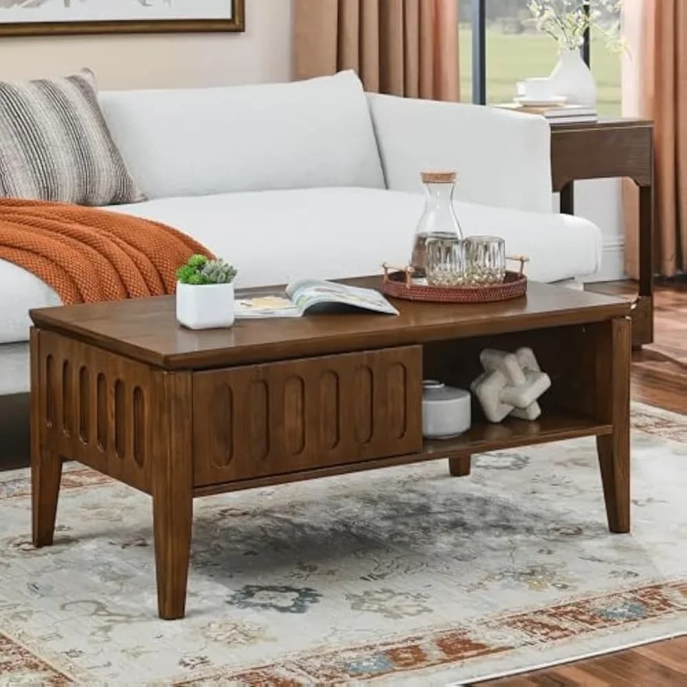 Coffee Table Mid Century Modern  Storage & Sliding Doors, Vintage Living Room Center Table with Solid Legs, 39.38-Inch, Walnut