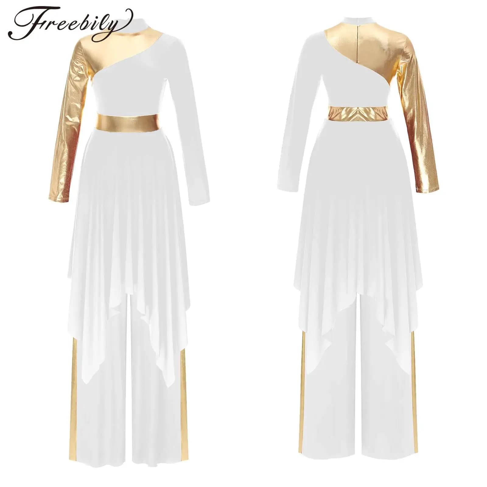 Women Modern Lyrical Liturgical Dance Costume Church Choir Worship Praise Dress Long Sleeve Gown with Wide-Leg Pants Dancewear