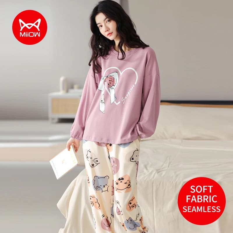 MIIOW Cute Women's Pajamas Cartoon Pyjama Pour Femme Set Woman 2 Pieces Home Wear Sleepwear Loungewear Comfortable Night Clothes