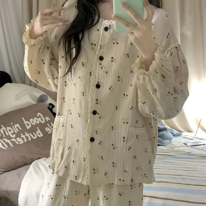 Cherry Sleepwear Women Pajama Sets Aututmn Piiama Lace Pants Sets 2 Pieces Korean Cute Night Wears Button Sleeping Home Suit New