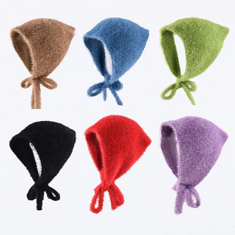 New Simple French Headscarf Women's Autumn and Winter Warm Plush Knitted Triangle Scarf Sweet and Cute Lace-up Cover Headband