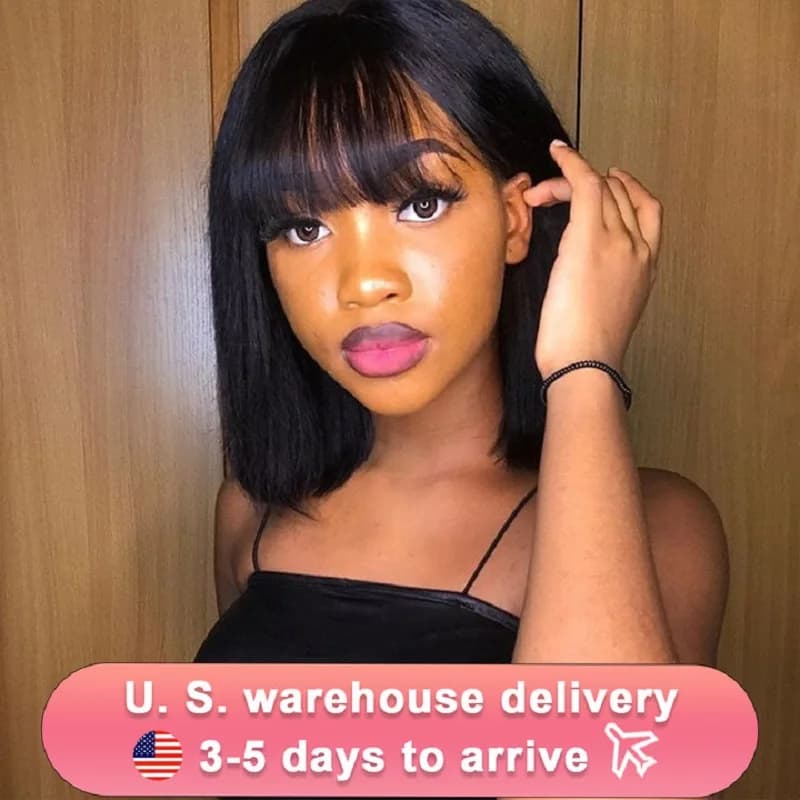 Human Hair Wigs Bob Wigs with Bangs Short Straight Hair Wigs 100% Brazilian Remy Human Hair None Lace Front Wigs Glueless Wigs