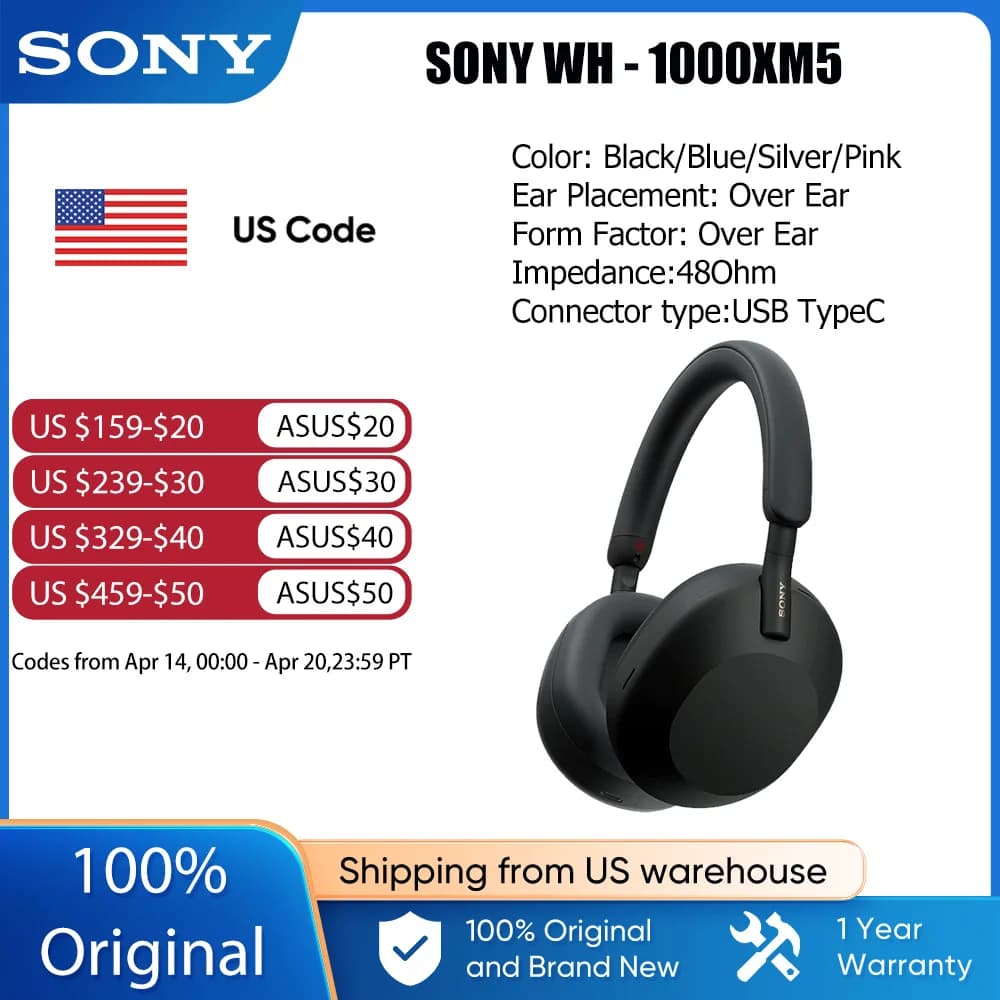 Sony WH-1000XM5 Wireless Headphones Noise Canceling Foldable Bluetooth Earphone Bass Stereo Sound Game Business Exercise Headset