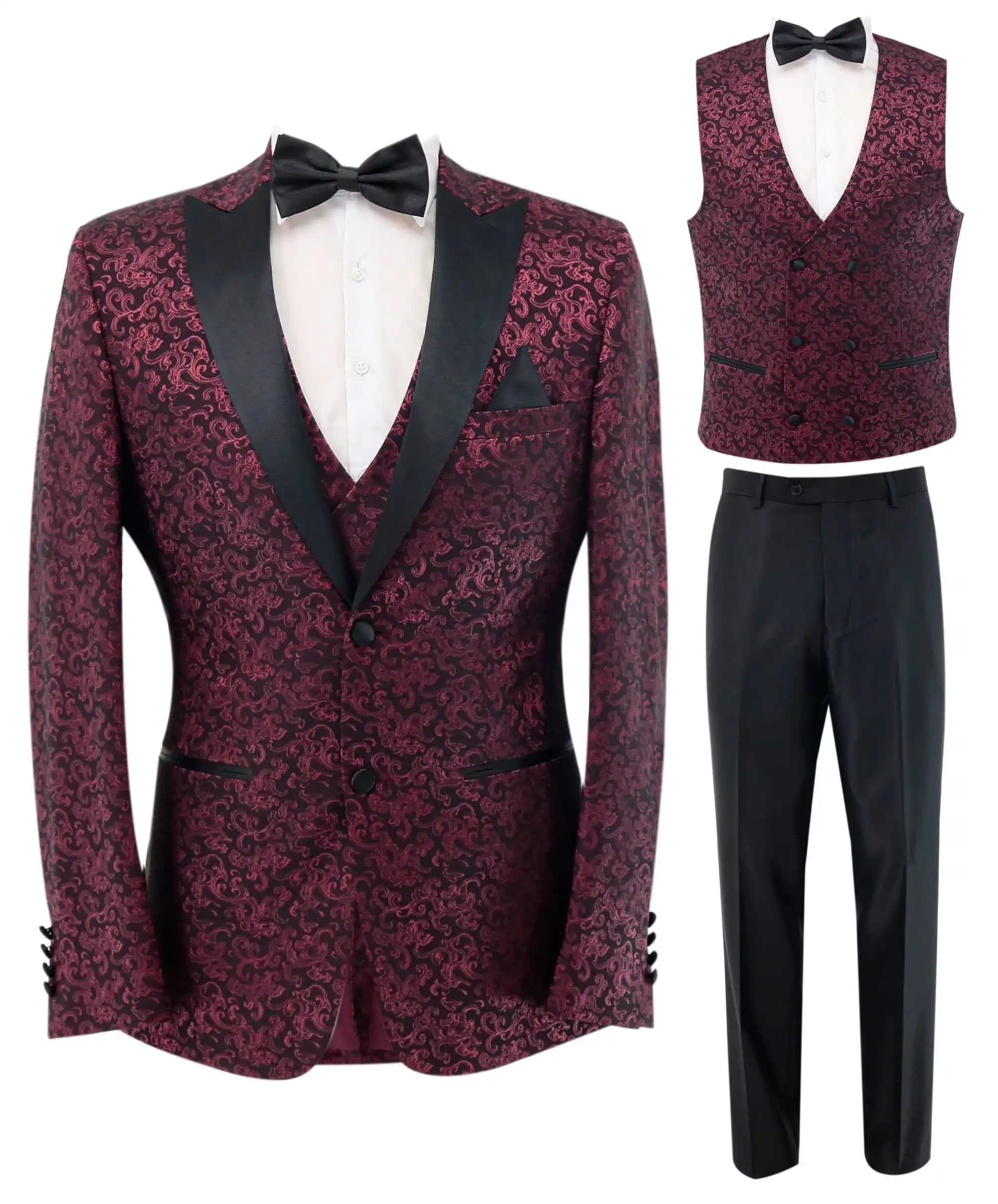 Burgundy Pattern Wedding Men Groom Tuxedos Peaked Lapel Jacket Custom Made Prom Male White Party Coat Jacket Vest Pants Suits
