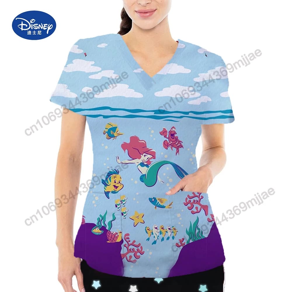 Fashion V-neck Crop Women's Clothes Free Shipping Cartoon Pattern Female T-shirts Big Pocket Design Tops for Women Free Shipping
