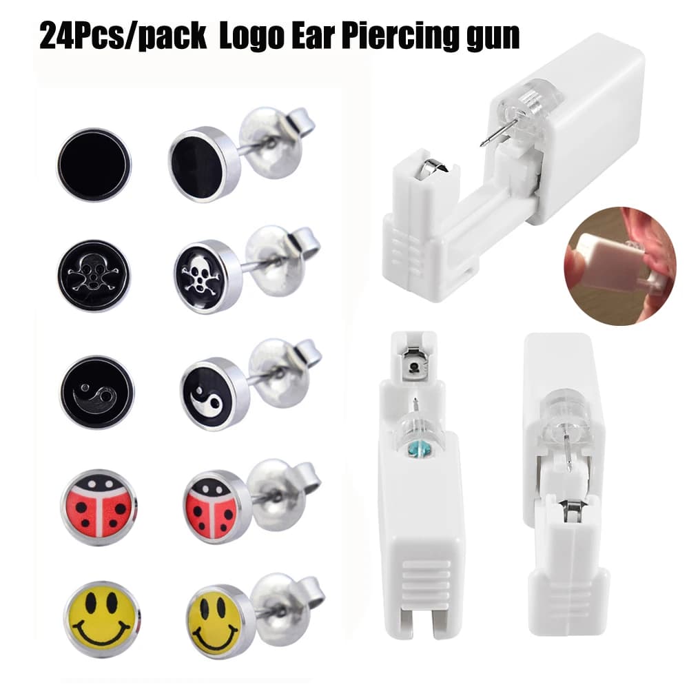24pc Disposable Safe No Pain Sterile Logo Ear Stud Earring Stude Piercing Gun Piercer Tool Kit Machine Kit Earring Units Jewelry