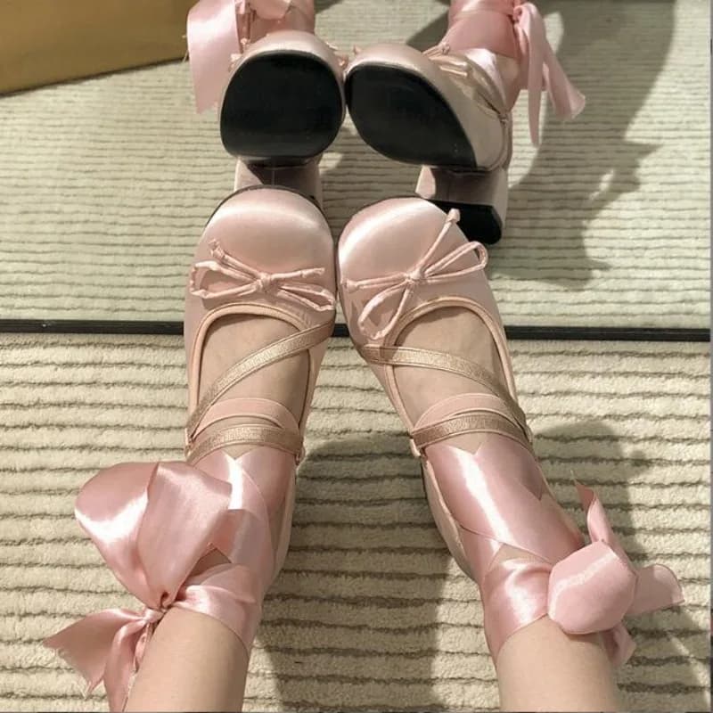Chunky Heels Lolita Pumps Shoes Hot Brand Spring Summer French Style Elegance Women Pumps Lace Up Ballet Style Single Shoes