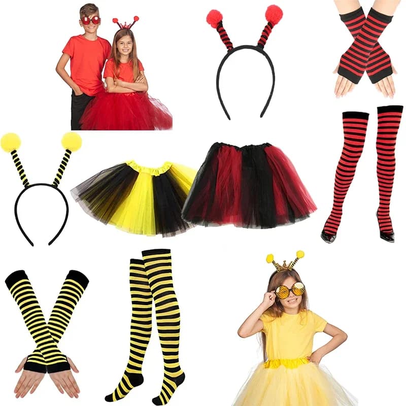 2025 New Kids Adult Family Halloween Bee Costume Kit Ladybug Bopper Antenna Headband Tutu Skirt Striped Leg Warmers  Kit Cosplay