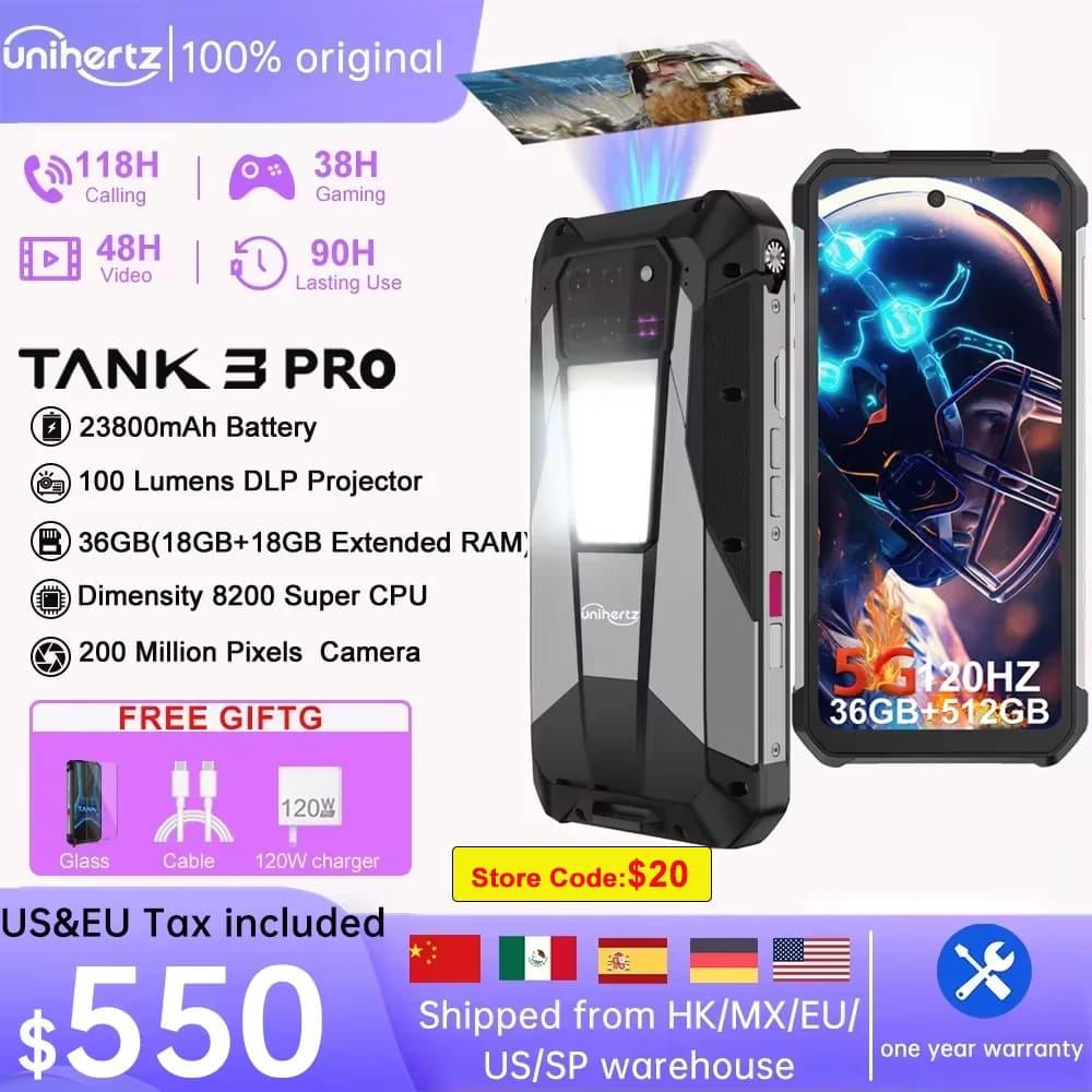 US EU MX Warehouse Unihertz Tank 3 Pro 8849 with 100 Lumens 5G Projector phone,32GB/36GB RAM,512GB ROM,23800mAh 120W,200MP, NFC