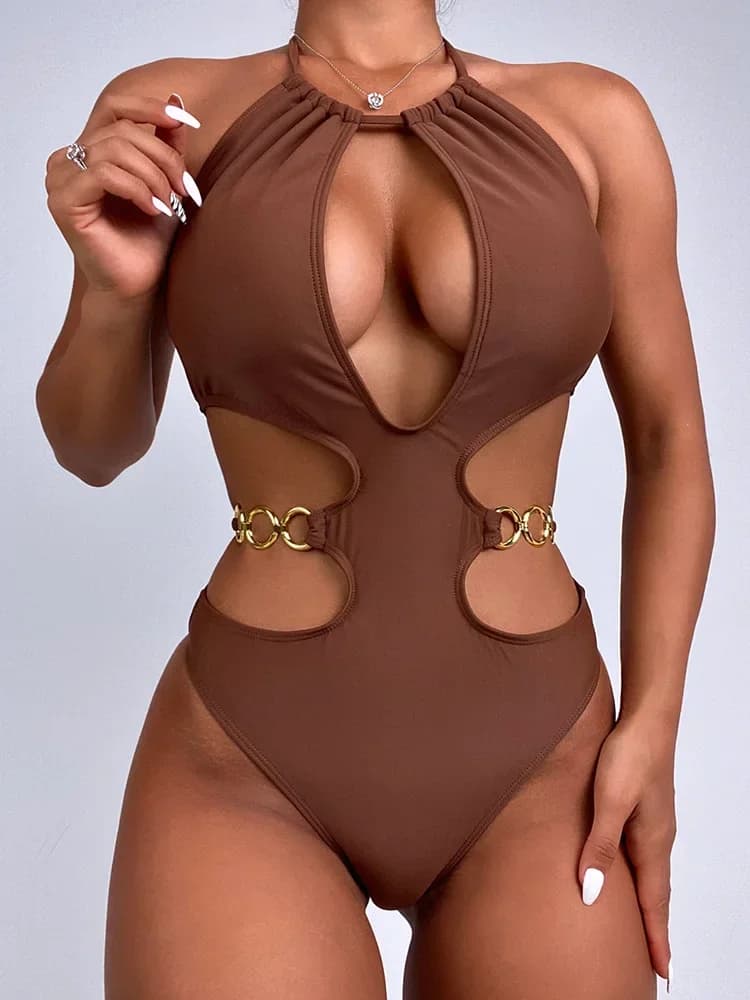 Sexy Hollow Out Halter Women Swimwear One Piece Swimsuit Female High Leg Cut Monokini Metal Rings Bathing Suit Swim Beach Wear