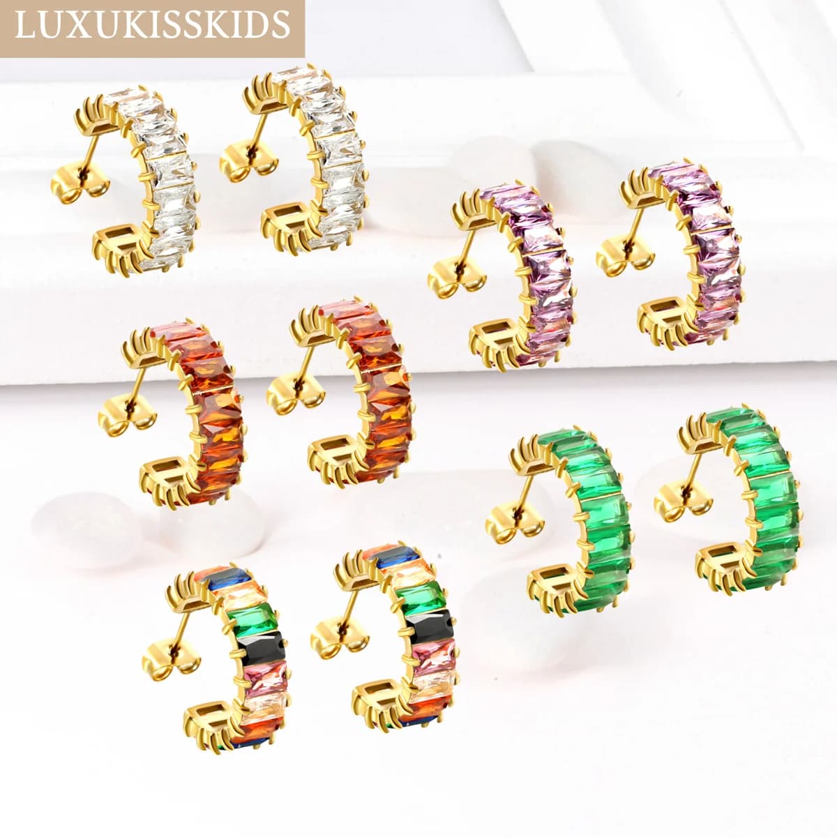 LUXUKISSKIDS Trendy C Tennis Hoop Earrings Shiny Colourful Zirconia Luxury Stainless aretes Women Summer Clips French Jewelry