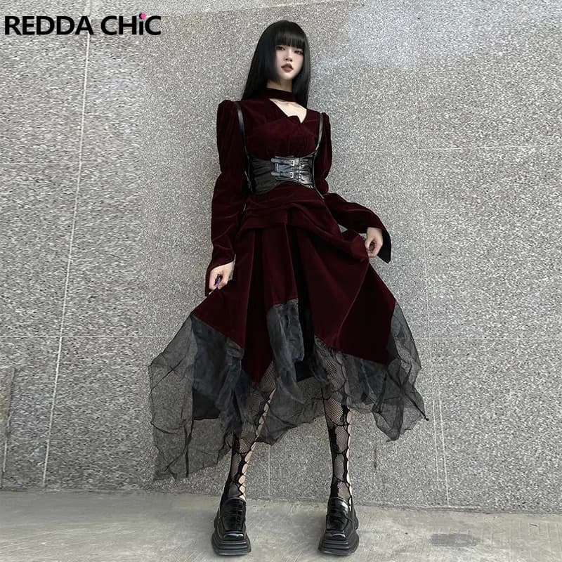 REDDACHiC Women Long Velvet Dress Waist Cincher 2-piece Set Retro Red Cut-out Irregular Hemline Lace Stitch Y2k Goth Party Gown