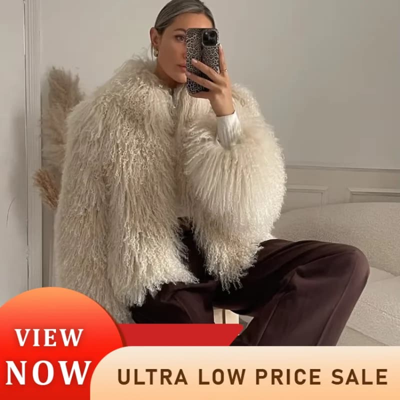 Chic Fluffy Faux Fur Women's Warm Cropped Coat Elegant Long Sleeve Thick Thermal Furry Jacket 2024 New Winter Fashion Streetwear