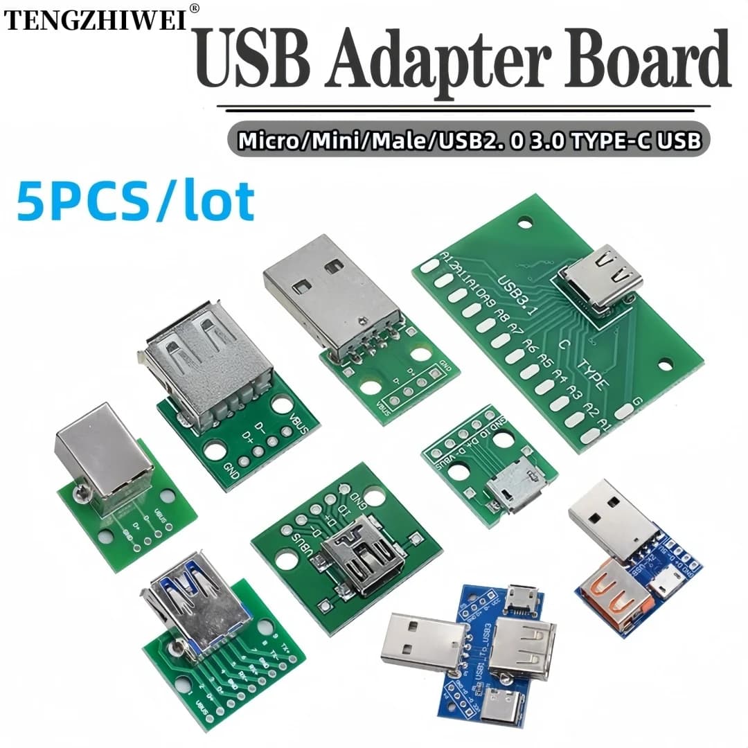 5pcs Micro Mini USB USB A Male USB 2.0 3.0 A Female USB B Connector Interface to 2.54mm DIP PCB Converter Adapter Breakout Board