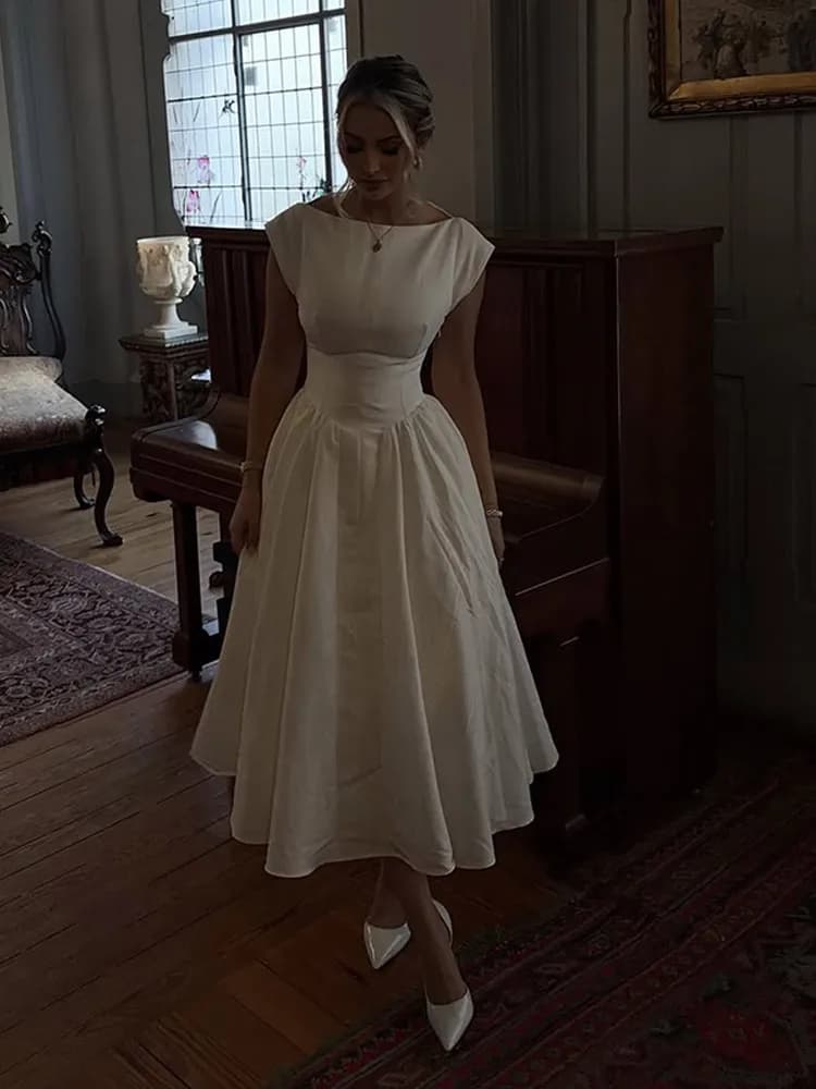 Fashion Backless O-neck A-line Dress For Women Elegant Short Sleeve High Waist Maxi Dresses 2025 New Street Vocation Robes