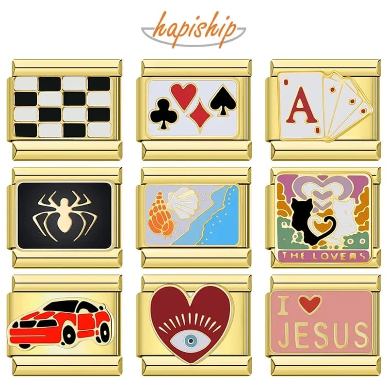 Hapiship Fashion Flower Spider Poker Heart Sports Car Wholesale Golden Italian Charm Links Fit 9mm Bracelet Jewelry DJ1373-C