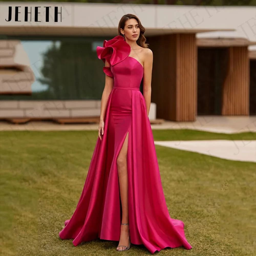 JEHETH Satin One Shoulder Mermaid Evening Dress for Women Split Detachable Train Formal Party Gowns Fuchsia Customized Dubai