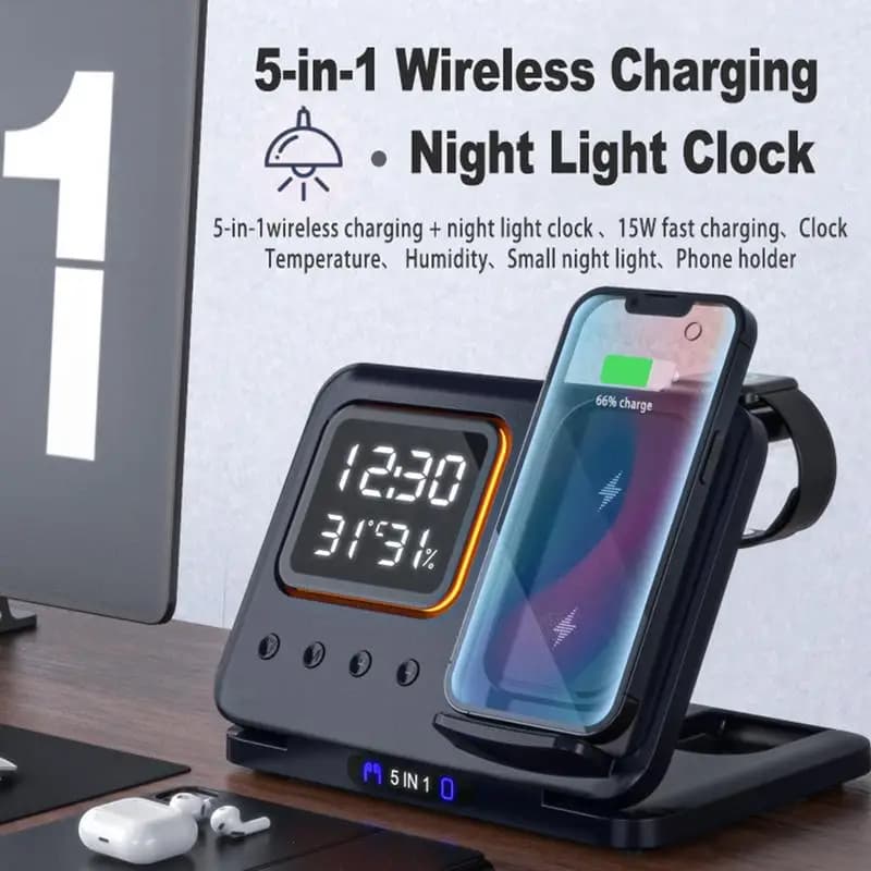 15W Wireless Chargers Stand 5 In1 LED Digital Alarm Clock Fast Charging Dock Station For iPhone 15 14 iWatch 8 SamsungS21 S20