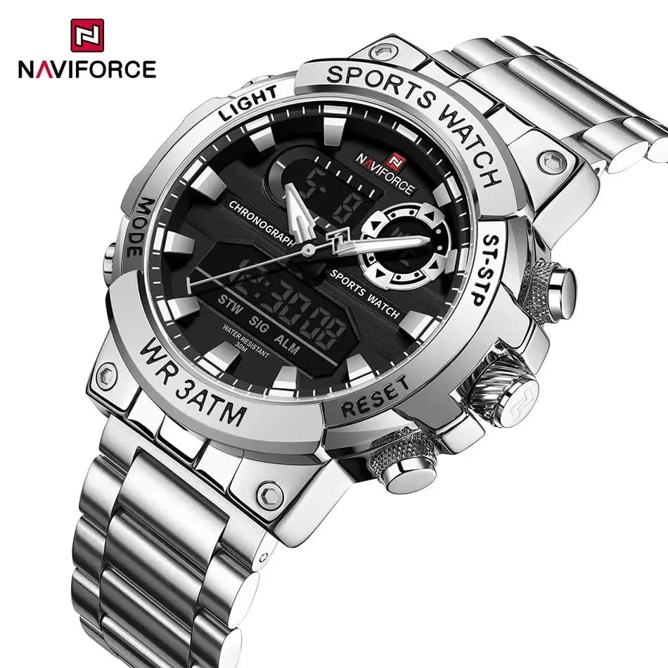 NAVIFORCE Men's Watch Fashion Sport Watches Stainless Steel Strap Men Watches Stopwatch Dual Time Display Waterproof Wristwatch
